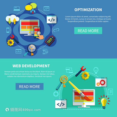 网页优化横幅两个SEO水平横幅为网站搜索引擎优化开发与阅读更多按钮矢量插图